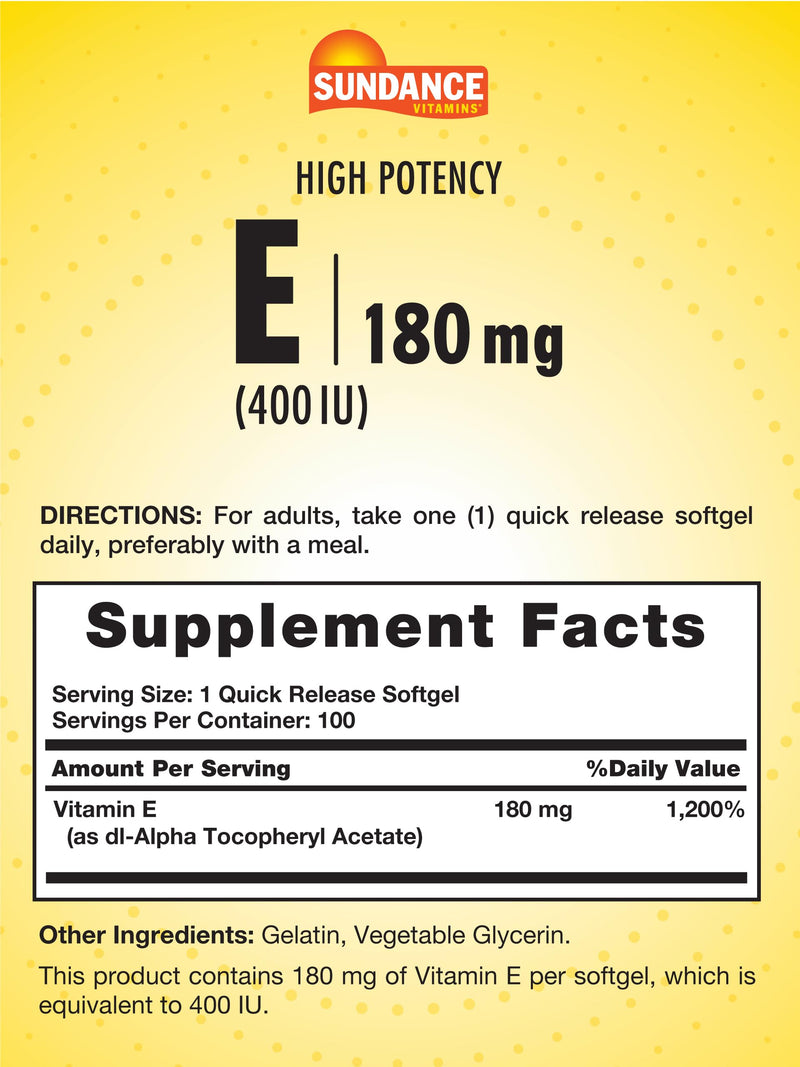 [Australia] - Sundance Vitamin E 180mg (400 IU) | 100 Quick Release Softgels | High Potency Formula | Non-GMO and Gluten Free Supplement 