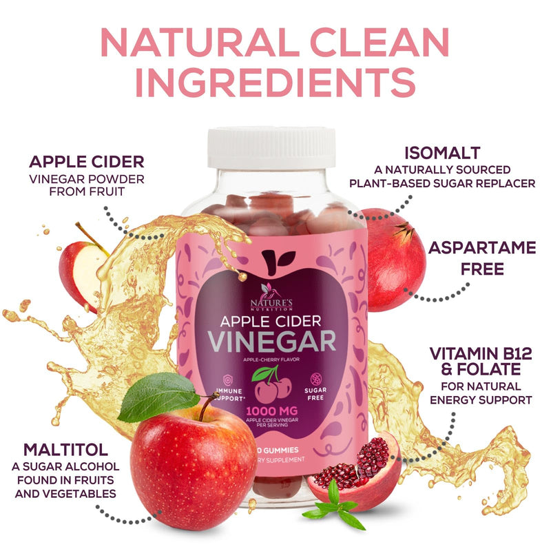Apple Cider Vinegar Gummies 1000mg Per Serving - Sugar Free ACV Gummy Vitamins Supplement - Vitamin B12 & B6 for Energy - Digestion, Detox & Cleanse Support, Vegan, Gluten-Free, Non-GMO - 60 Gummies 60 Count (Pack of 1)