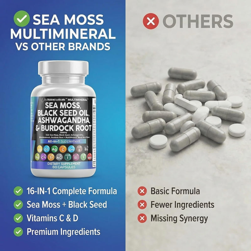 Clean Nutraceuticals Sea Moss Black Seed Oil Ashwagandha Turmeric Bladderwrack Burdock & Vitamin C Vitamin D3 with Elderberry Manuka Dandelion Yellow Dock Iodine Chlorophyll ACV 60 Count (Pack of 1)