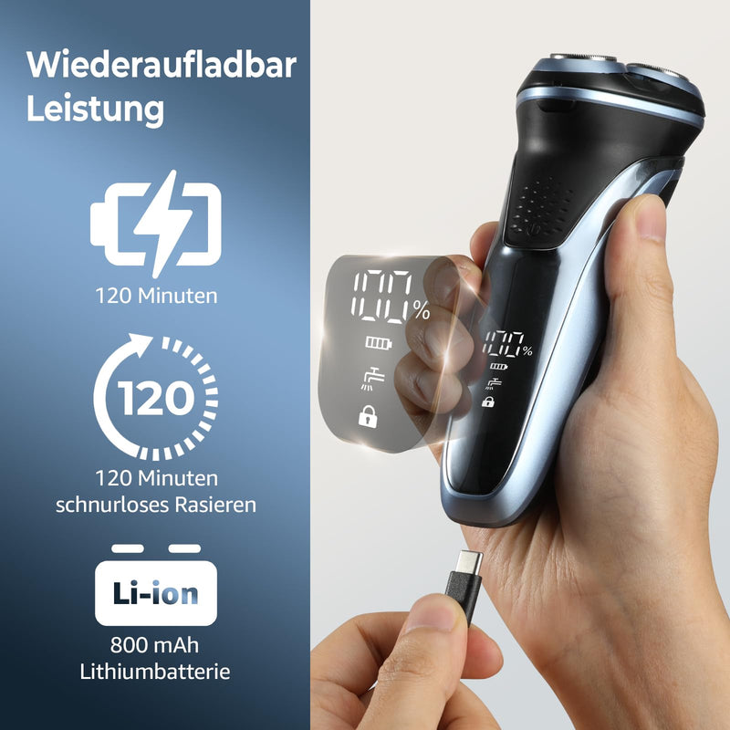 [Australia] - Men's Electric Shaver, Dyoonoer Men's Electric Shaver, IPX7 Waterproof Wet and Dry Rechargeable Beard Razor with Fold-Out Trimmer and Travel Lock Blue 