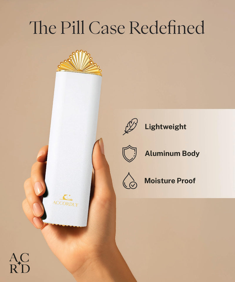 7 Day Metal Pill Organizer, Luxury Pill Compact, Travel Pill Case for Purse, Elegant Fancy Gold Pill Case for Vitamins, Medicine, Supplements, Luxury Wellness Gift - White Cloud Dancer (White)