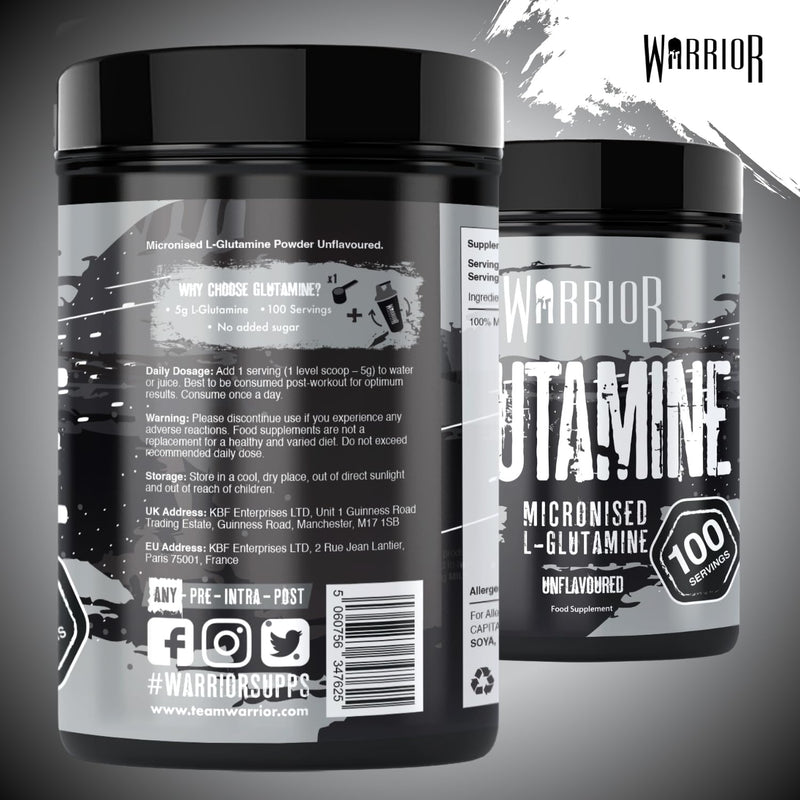 Warrior Glutamine 500g - Pure Micronised L-Glutamine Powder - Amino Acid - Muscle Growth & Recovery Supplement- Gut Health - Mix in Protein - Pre and Post Workout - 100 Servings (Unflavoured) 500g - 100 Servings