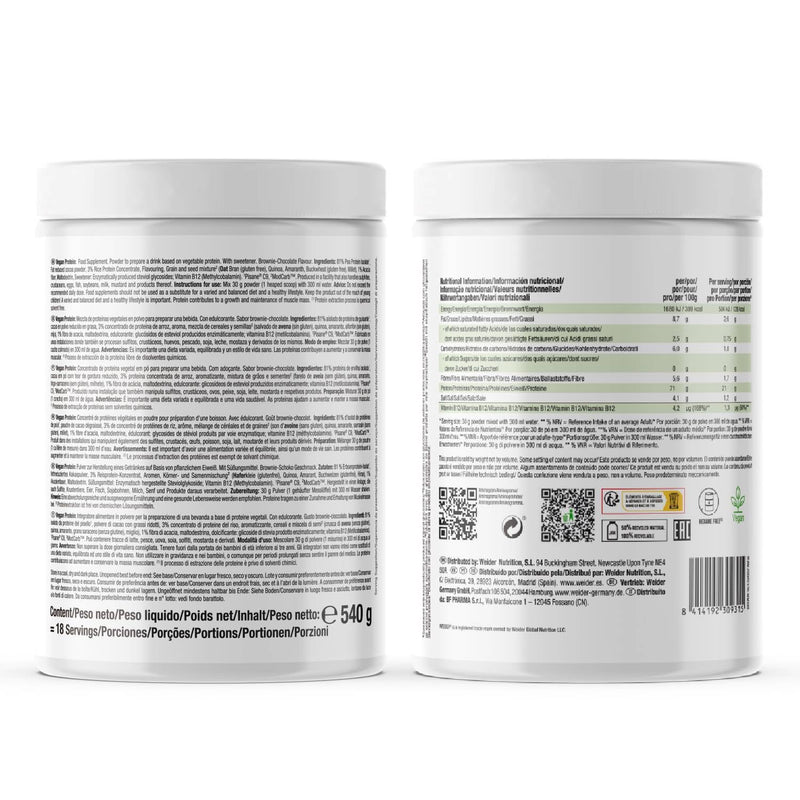 Weider Vegan Protein (540g) Brownie-Chocolate Flavour. Quality Protein 100% Plant-Based 21g/Serving, Pea Isolate (Pisane) & Rice. with Vitamin B12 & Stevia. Gluten Free, No Sugar. (18 Servings)