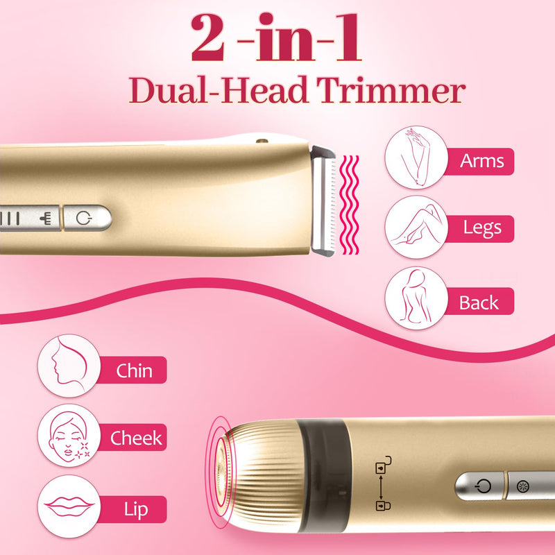 [Australia] - Bikini Trimmer for Women，2 in 1 Electric Shaver Dual Head Bikini Trimmer for Women IPX7 Waterproof Body Hair Trimmer and Facial Hair Remover for Bikini Leg Arm Body Face, Rose Gold 003 
