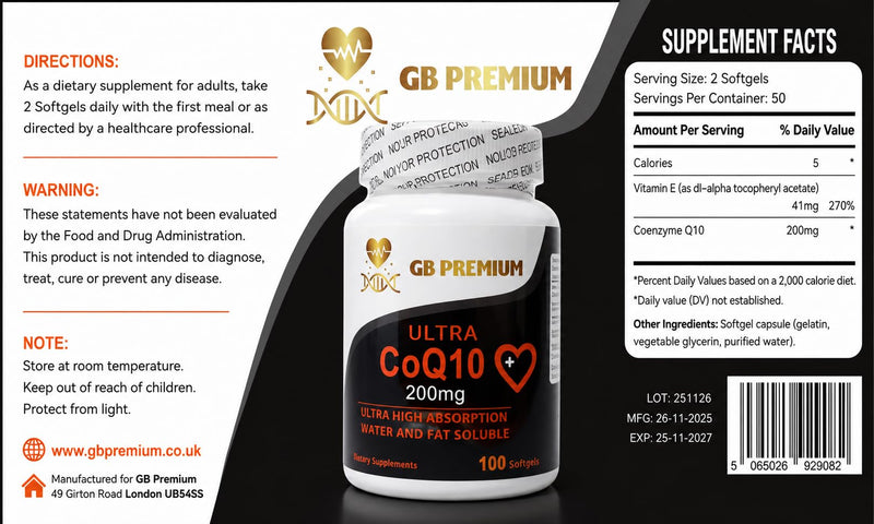 Coenzyme Q10 200mg Softgels, CoQ10 Ubiquinone Supplement, Water and Fat Soluble Formula, High Strength, 100 Count