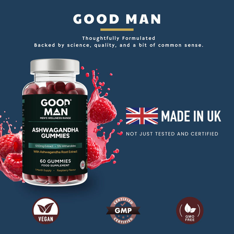 Good Man Ashwagandha Gummies 1200mg | 5% Withanolides Standardised Extract | Adaptogen Supplement for Stress & Resilience | Natural Raspberry Flavour | Vegan | 60 Gummies | UK Manufactured