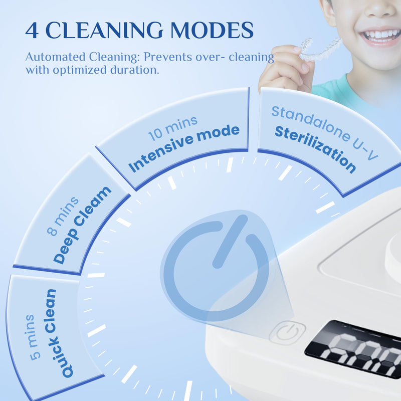[Australia] - Retainer Cleaner Machine, Ultrasonic Dental Cleaner Pod for Retainers, Invisalign, Dentures, Mouth Guards & Jewelry, Detachable Design with Digital Timer & 4 Cleaning Modes 2025 White 