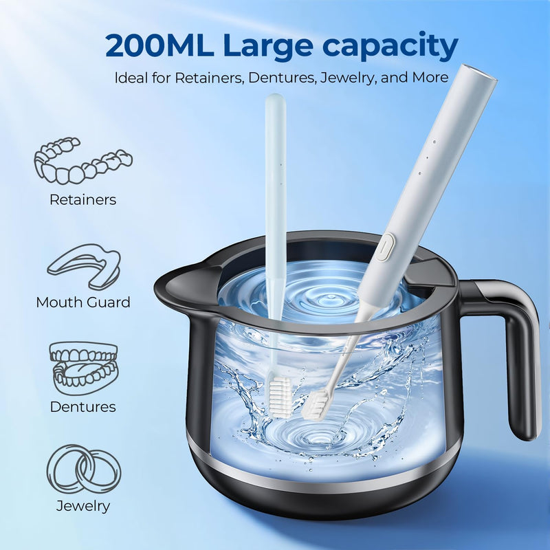 [Australia] - Ultrasonic Retainer Cleaner Machine - 45kHz Ultrasonic Jewelry Cleaner - 200ML Mouth Guard & Denture Cleaner Pod - 5 Modes with Digital Timer - Upgrade Water Bottle Design,Bright Black 