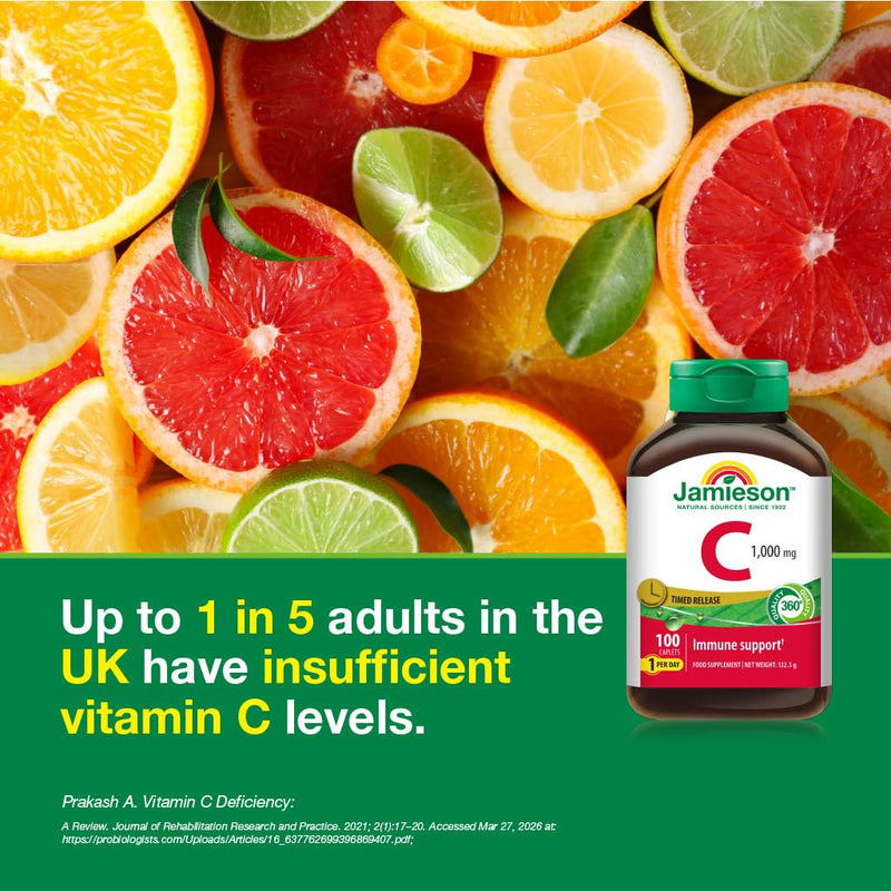 Jamieson Vitamin C 1000 mg Timed Release, Sustained Release, Vitamin C Supplement, Supports Immune Health, Collagen Formation for Healthy Skin, Teeth and Bones. 100 Caplets, 1-A-Day