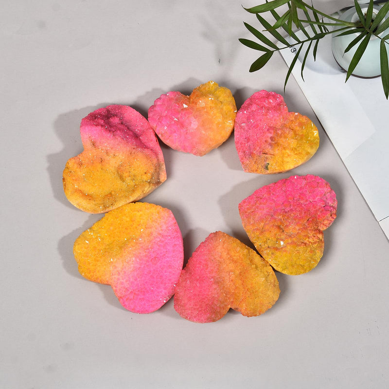 JIC Gem Pink Yellow Titanium Coated Large Heart Crystal Cluster Geode Healing Crystals Heart Shaped Rocks with Crystal Display Stand Home Decor Reiki Meditation 3.14-3.54 inch Pinkyellow