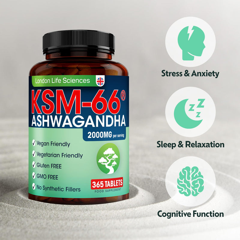 365 Tablets KSM-66 Ashwagandha 2000mg +5 Percent Withanolides Highest Concentration Vegan Organic Root Extract UK Supplier London 365 count (Pack of 1)