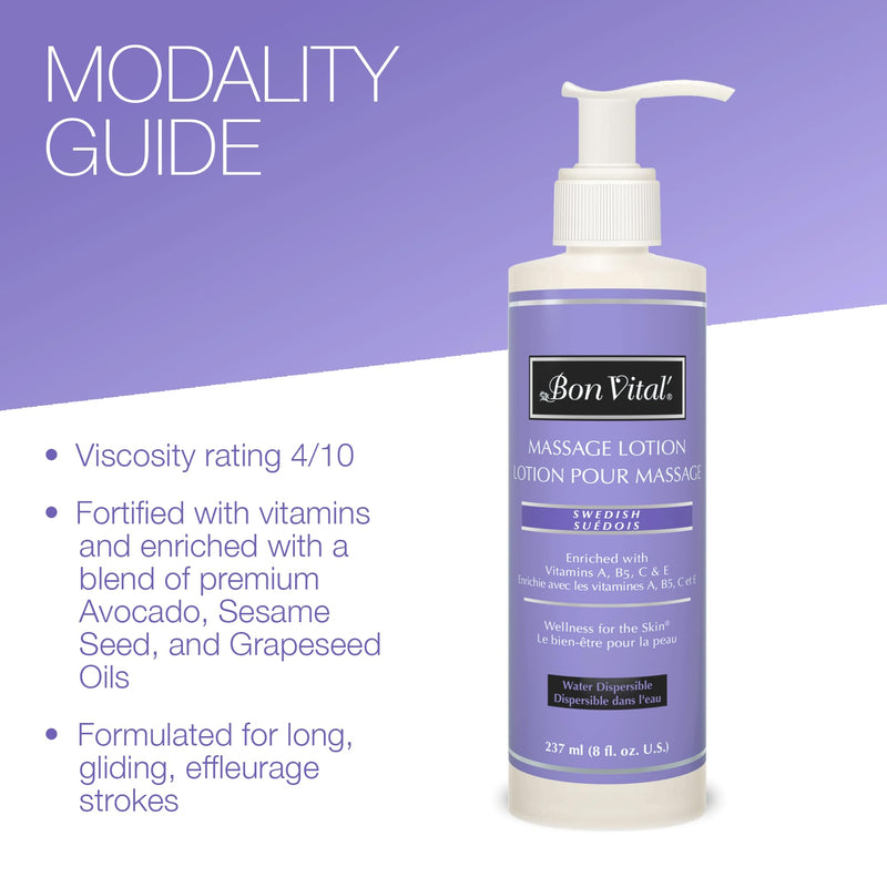 Bon Vital', Swedish Massage Lotion, 8 oz, Lightweight Professional Massage Lotion for Massage Therapy and Sports Massage, Enriched with Vitamins and Plant-Based Extracts, Unscented Formula 8 Ounce