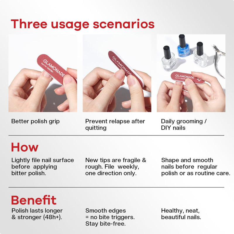 Glamonade 2-in-1 Stop Nail Biting Treatment Kit: Extra Bitter Polish to Deter Biting & Professional Nail File to Smooth Jagged Edges Complete Solution to Remove Biting Triggers for Kids & Adults | Gentle 100/180 Grit Erases Bite-Trigger Edges, 12ml Pla...