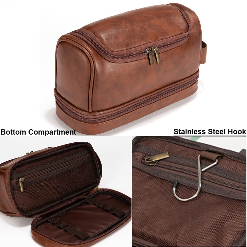 Toiletry Bag for Men Leather Travel Organizer Shaving Dopp Kit with hanging hook, Large Water-resistant Toiletries Bathroom Shaving Bags for Women redbrown