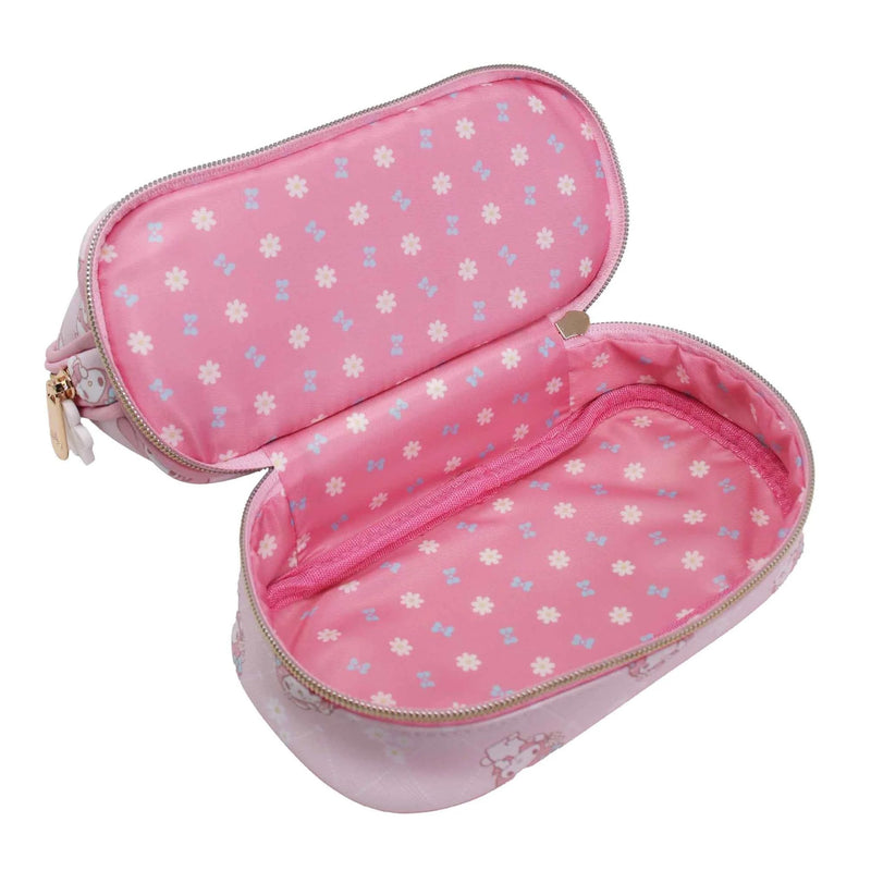 Impressions Vanity My Melody Double Layer Makeup Bag with Top and Bottom Zippered Compartments, My Melody Print Artwork Makeup Organizer with Faux Saffiano Leather, Inner Slip Pocket and Gold Hardware