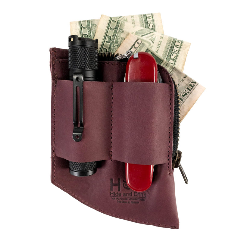 Hide & Drink, EDC Pocket Wallet, Curved Cash Organizer, Slim Front Card Holder, Money Clip, Full Grain Leather, Handmade Travel Accessories Sangria