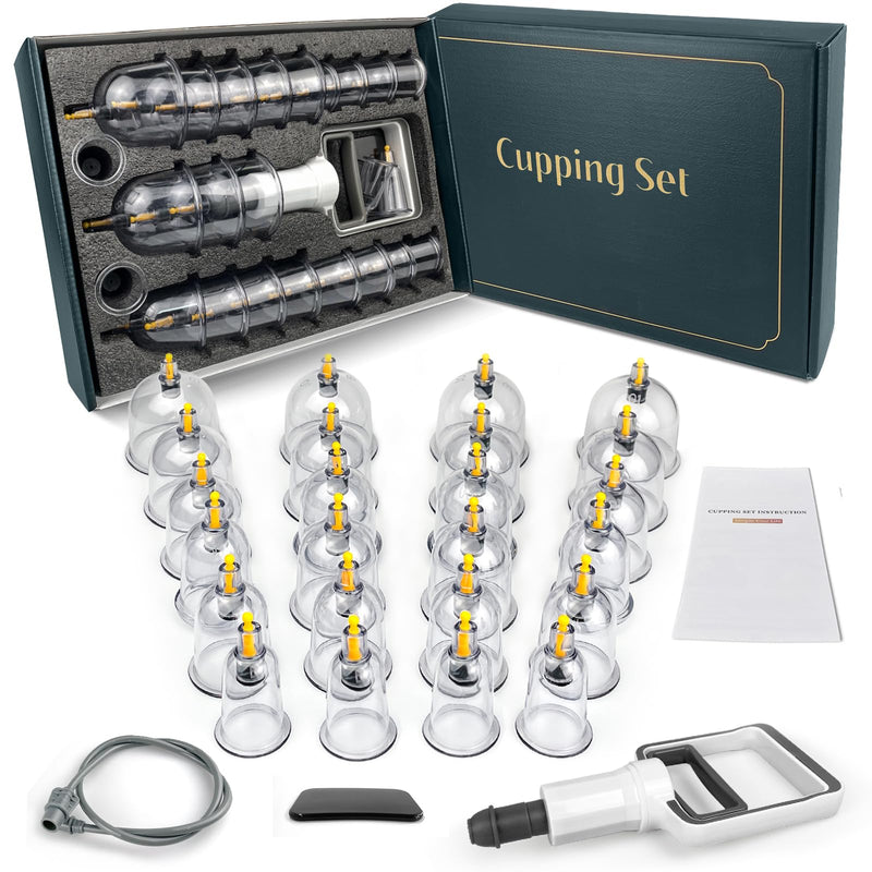 Cupping Kit for Massage Therapy - 24 Cups Professional Massage Cups Set with Manual Pump, Vacuum Cupping Therapy Set for Cellulite Reduction Muscle Pain Relief 24 Cups Green Box