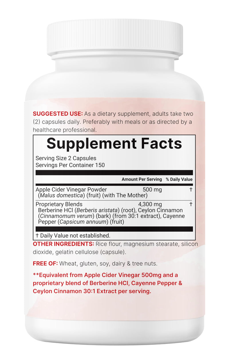 [Australia] - Apple Cider Vinegar with The Mother 4,800mg Per Serving, 300 Capsules | 4-in-1 ACV Complex | Ceylon Cinnamon, Cayenne Pepper, & Berberine | Immune, Digestion & Appetite Support | Non-GMO, Gluten Free 