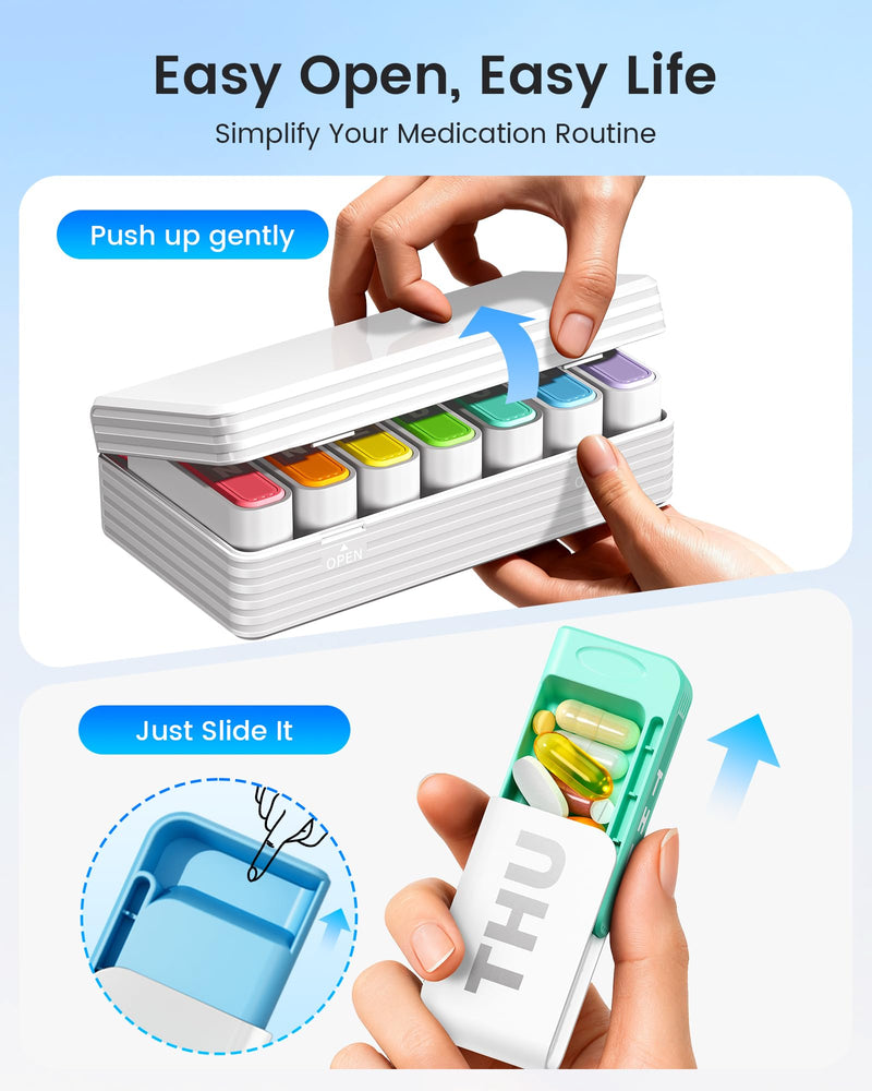 Daviky Pill Organizer 1 Time a Day, Drawer Style 7 Day Pill Case with Detachable Daily Boxes, Large Capacity Travel Pill Organizer for Vitamins, Fish Oil, Supplements, Color Coded White
