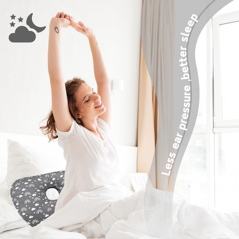 [Australia] - Ear Piercing Pillow with Ear Hole for Side Sleeper Relief Ear Pain,Cotton and Polyester Ear Pillows,Washable Ear Guard Pillow Grey White 