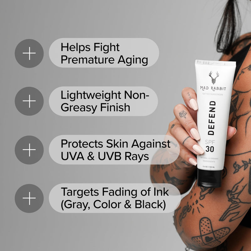 [Australia] - Mad Rabbit Defend Tattoo Sunscreen- SPF 30 100mL Tube- All-Natural Mineral Sunscreen Lotion - Tattoo Fade Protection and Moisturizer, Anti-Aging Formula 