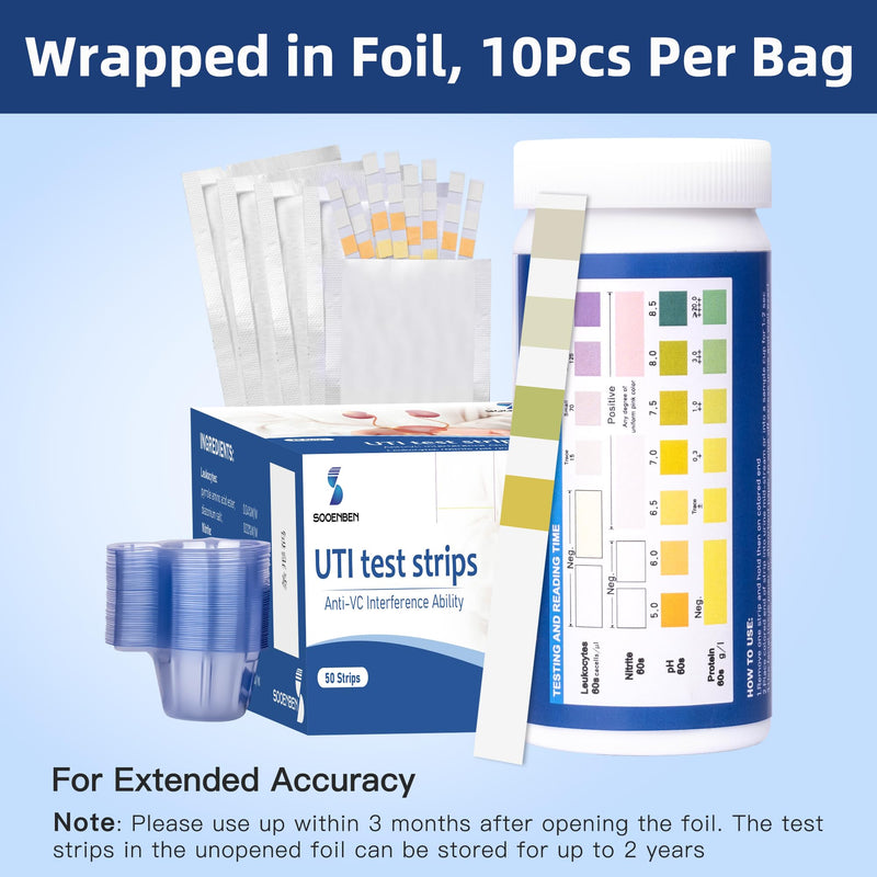 [Australia] - 4-in-1 UTI Test Strips, 50ct Full Panel Urinary Tract Infection Test Kit at Home for Women Men Kids, Urinalysis Leukocytes, Nitrites, PH, Protein Urine Strip for UTI and Bladder, 50 Strips 50 Cups 1 Count (Pack of 50) Blue-4in1 