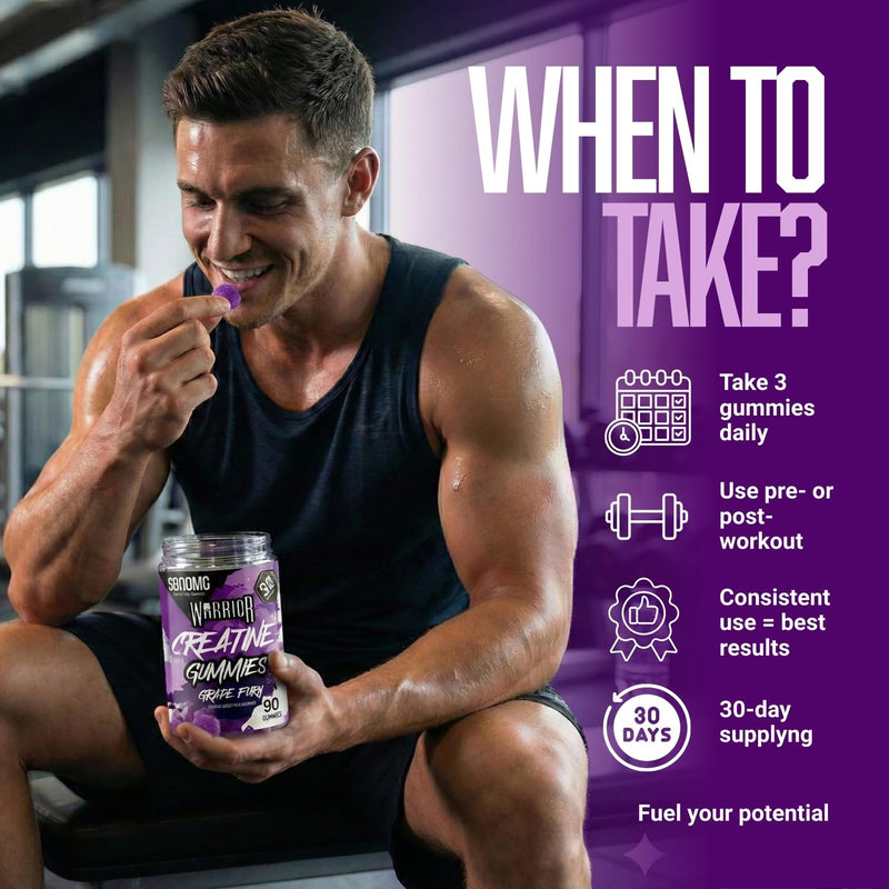 Warrior Creatine Gummies 90 Gummies – 1000mg Each – 30 Day Supply – High Strength Creatine Monohydrate Gummies – Vegan, Sugar Free Chewable Supplement for Strength & Recovery (Grape Fury) Grape Fury
