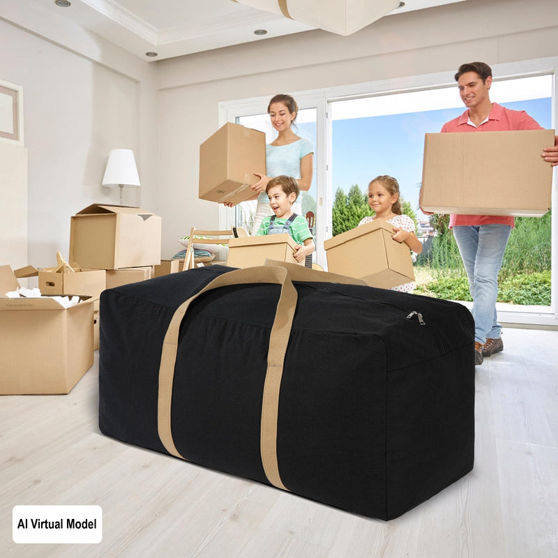 Canvas Storage Duffle Bag, Black, 31''x15''x15'', 1 Count | Large Capacity, Moving Bag,Comforter Organizer, Tan Handles, Washable, Reusable, for Sheets Blankets Bedding Pillows,Clothes 31''x15''x15''