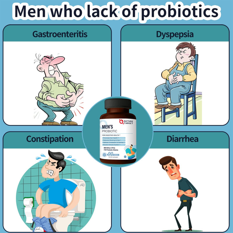 [Australia] - NATURE TARGET Probiotics for Men with Men Care Supplement, Prebiotics & Probiotic for Men's Digestive and Immune Health,60 Billion CFUs & 14 Strains Shelf Stable, Gluten & Soy Free (90 Tablets) 