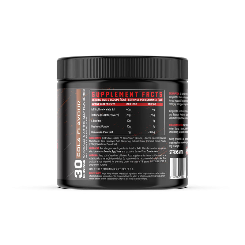Purge Pump | Stim Free Pre Workout | Nitric Oxide Booster | Increase in Blood Flow | 300 Grams | 30 Servings (Cola) Cola