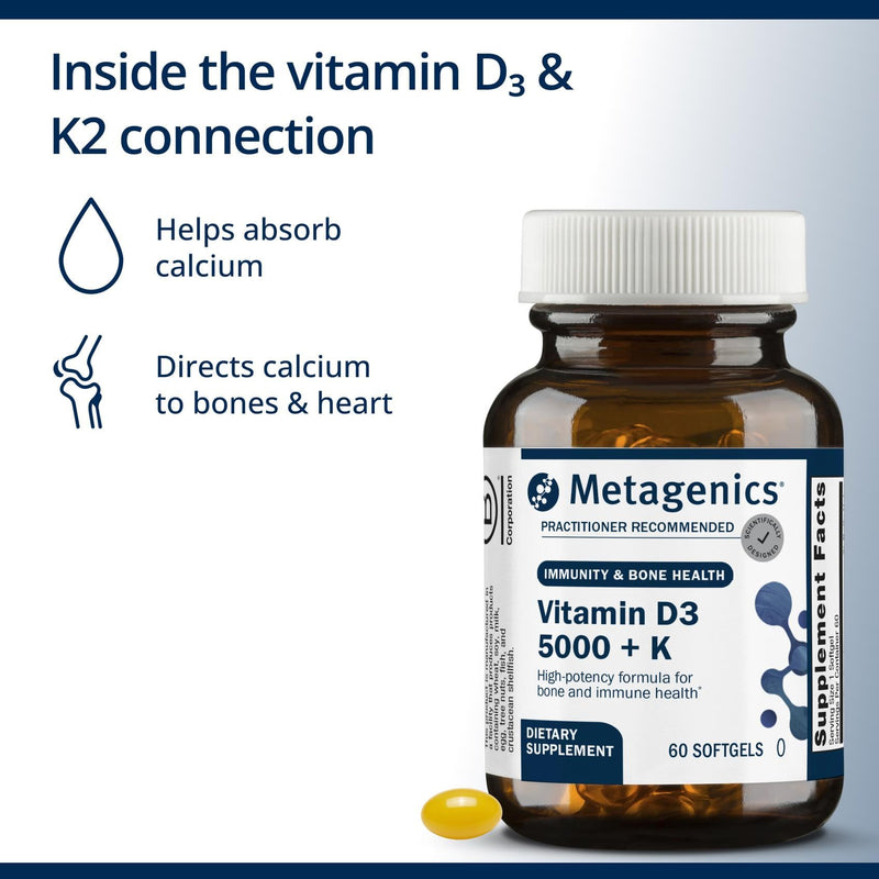 Metagenics Vitamin D3 and Vitamin K2 5,000 IU with MK-7- Vitamin D3 with K2 for Immune Support, Bone & Heart Health-Non-GMO, Gluten-Free-60 Softgels