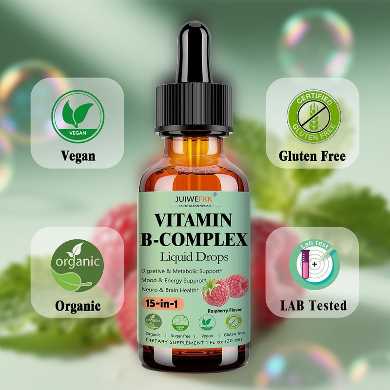 2 Pack Vitamin B Complex Liquid Drops for Women Men & Kids, 15-in-1 VIT B Complex with Vitamin C B12 B6 B1 Niacin Folate Magnesium for Brain Nerve Neuropathy Energy Mood, Sublingual B-Complex Drops Raspberry 1 Fl Oz (Pack of 2)