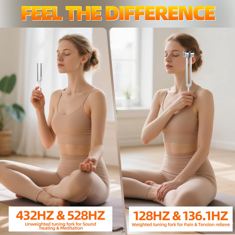 Tuning Forks for Healing(128Hz, 136.1Hz, 432Hz, 528Hz),Medical-Grade Weighted & Unweighted Tuning Forks Set with Vegan Leather Pouch &Activator, for Chakra/Sound Therapy/Yoga/Meditation