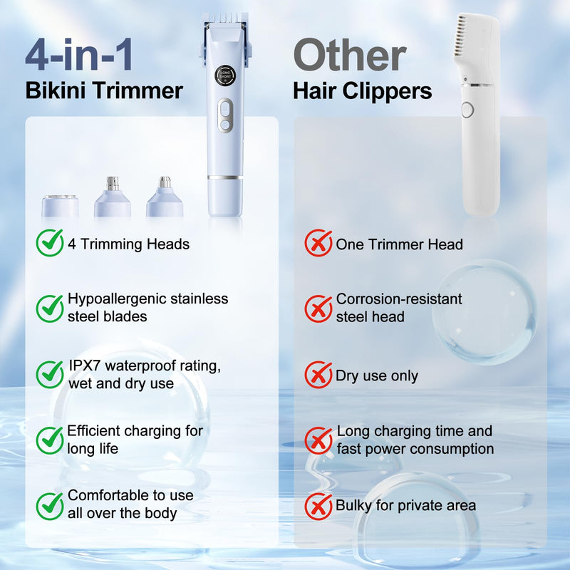 [Australia] - Bikini Trimmer for Women, 4 in 1 Wet/Dry Electric Razors for Women - Dual Head, Painless Rechargeable Portable Womens Razors for Shaving Set for Face, Nose, Eyebrows, Armpits, Bikini Area (Blue) Blue 