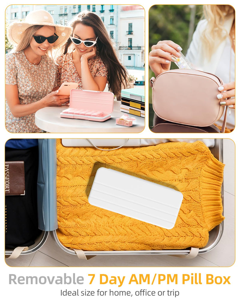 Betife AM PM Pill Organizer 2 Times a Day, 7 Day Pill Box - Yellow | Removable AM/PM Daily Cases; Roomy for Fish Oil and Vitamins; Sturdy ABS Shell with Moisture-Resistant Silicone Protection. Beige