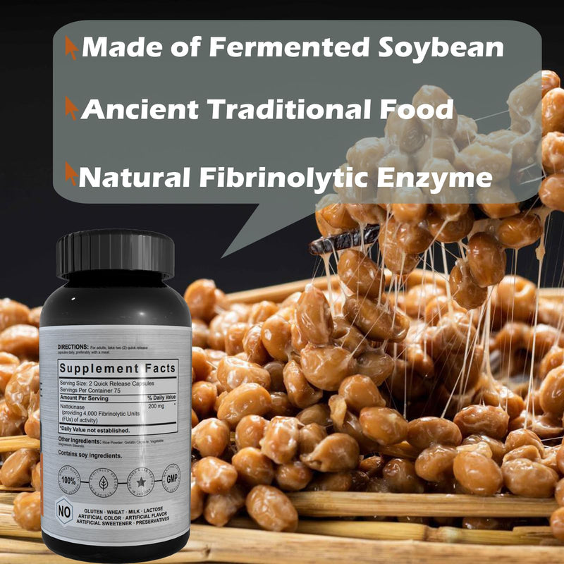 Nattokinase Capsules 4000 FU, 150 Caps High Potency Enzyme Derived from Fermented Soybean, Supports Heart Health & Circulation, Natural & Vegan, Traditional Japanese Natto Extract