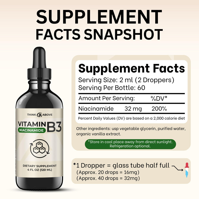 Liquid Vitamin B3 (as Niacinamide) Supplement - Non Flush Form of Niacin - Fast Absorption -Convenient Niacin Drops for Women and Men - 4 oz (120ml ) 4 Fl Oz (Pack of 1)