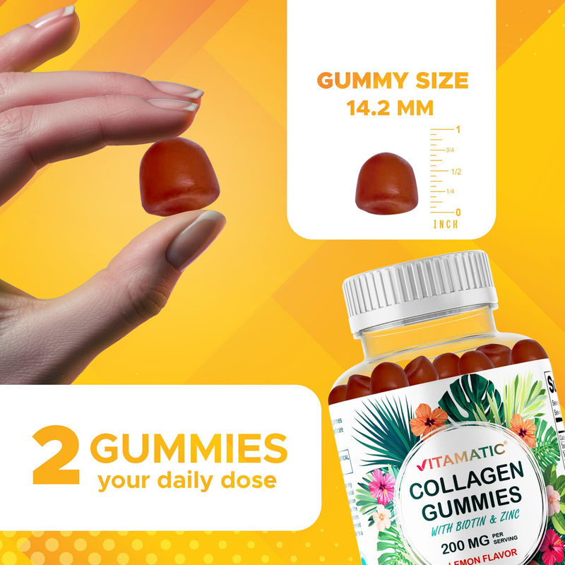 Vitamatic Hydrolyzed Collagen Gummies with Vitamin C, Zinc and Biotin, 200 mg - Healthy Skin Support - 60 Gummies