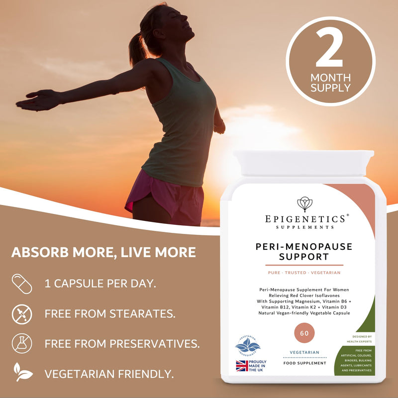 Peri-Menopause Support | Red Clover Isoflavones 200mg | with Magnesium, Vitamin B6, B12, K2 & D3 | Daily Women's Supplement | No Added Fillers or Additives | 60 Vegetable Capsules | UK Made
