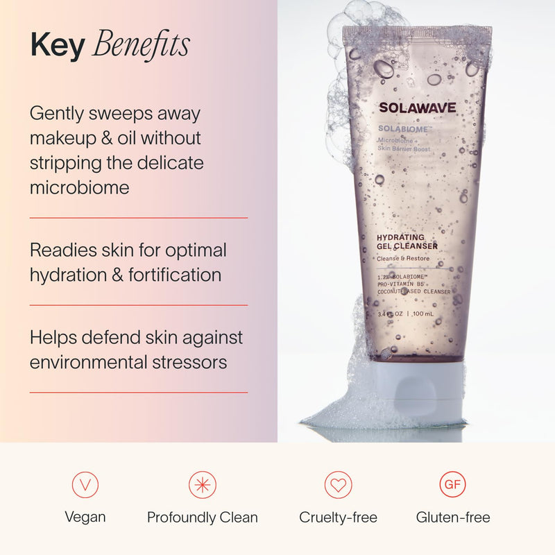 Solawave Probiotic Gel Facial Cleanser - Prebiotics & Pro Vitamin B5, 3.4oz | Gently removes makeup, oil & impurities without stripping the microbiome. Non-irritating, coconut-derived, all skin types.