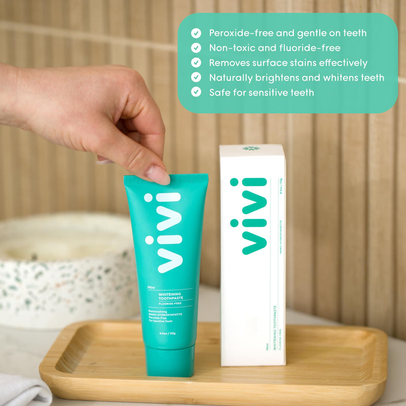 [Australia] - vivi Fluoride Free Nano Hydroxyapatite Whitening Toothpaste – Sensitivity Relief, Gently Removes Stains & Strengthens Enamel, Peroxide Free, with Xylitol, Mint Flavor, 4oz 1pk 
