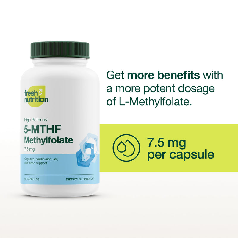 Fresh Nutrition L Methylfolate 7.5mg – Maximum Potency – Superior Bioavailability – 5-MTHF Methyl Folate for Mood, Cognition, Immunity, Cardiovascular, Neurological, Reproductive Health - 60 Capsules 7.5mg 60 Capsules
