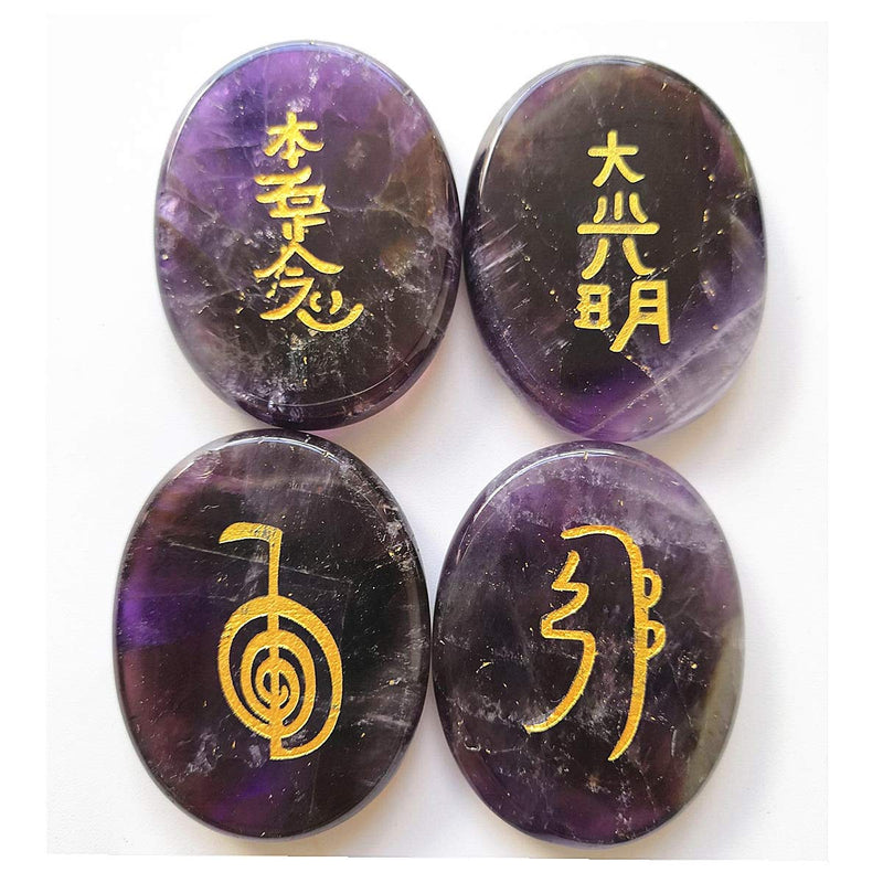 4 Pcs Amethyst Engraved Chakra Stones Healing Crystal Reiki Balancing Palm Stone, 45mm