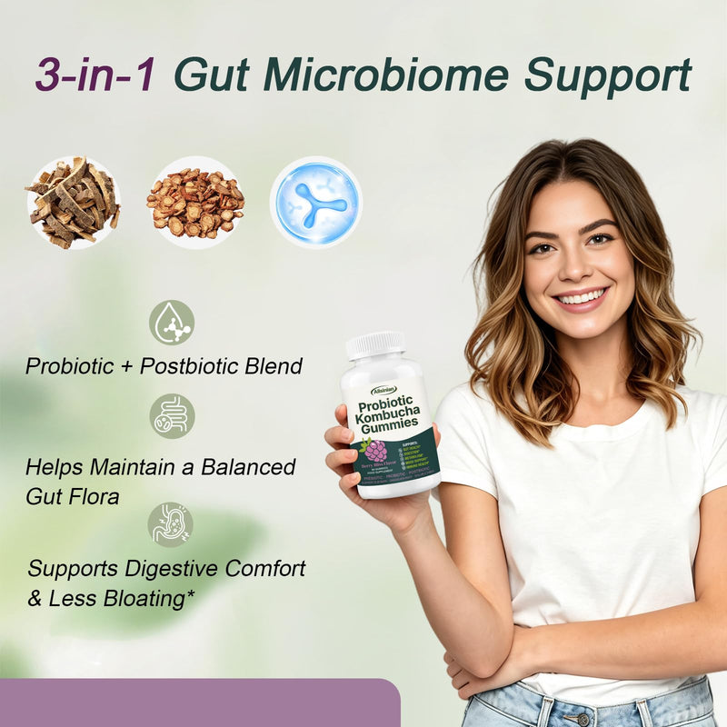 90 Vegan Probiotics Kombucha Gummies | Prebiotics, Probiotics, Postbiotics, Supplement with Fibre, Slippery Elm, Dandelion Root & MCT Oil | Supports Gut Health & Bloating for Men & Women