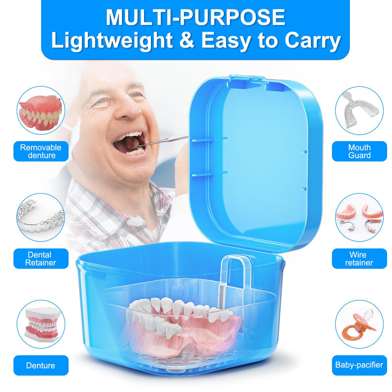 Denture Cup Retainer Cleaning Case Denture Soaking Container with Strainer Basket Dentures Mouthguard Storage Holder Dentures, Clear Braces, Mouth Guard, Night Guard & Retainers for Travel Cleaning Purple+Blue