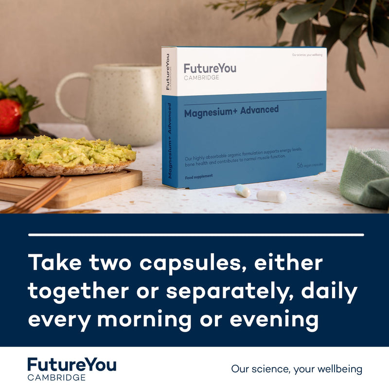 FutureYou Magnesium+ Advanced (56 Capsules). Magnesium Glycinate with B Vitamins for Energy & Bone Health. High Strength Magnesium Supplements for Women & Men - Genuine FutureYou Cambridge Supplements