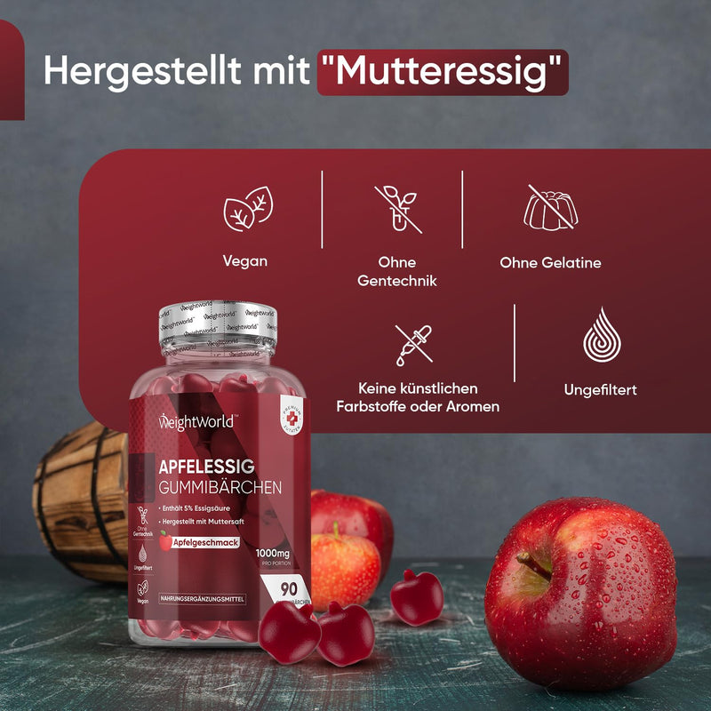 [Australia] - Apple Cider Vinegar Gummy Bears 1000mg - Vitamin C, B12, B6, & B9 Folic Acid - Immune System, Nervous System, Reduces Fatigue (EFSA) - 90 Vegan Apple Flavored Gummies - Apple Cider Vinegar - WeightWorld 