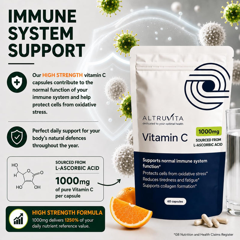 Vitamin C Supplement 1000mg, High Strength, High Absorption, Supports Immune Health, Antioxidant Protection, Reduces Fatigue, 60 Capsules, 2-Month Supply Vegan, Made in the UK 1000mg per capsule (Pack of 60)