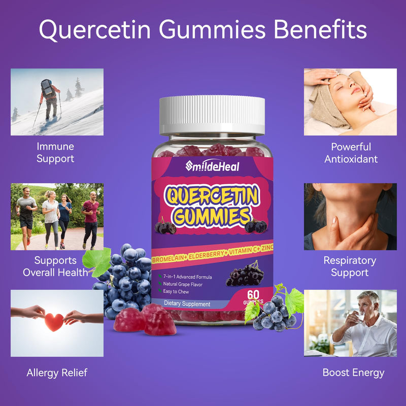 [Australia] - 2 Pack Quercetin Gummies 1200MG, Quercetin Gummies with Bromelain, Zinc Vitamin C, Immune System Vegan Gummy for Adult & Kid, 120 Vegan 60 Count (Pack of 2) 