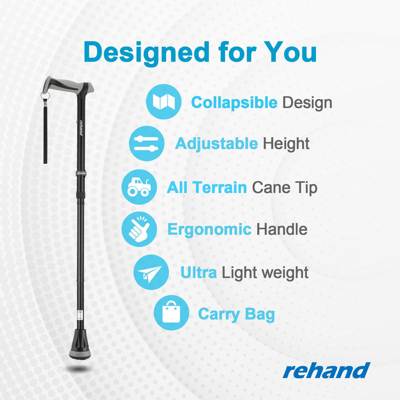 [Australia] - REHAND Walking Cane - Foldable, Adjustable, Collapsible Walking Canes for Men & Women, Heavy Duty All Terrain Tip, with Travel Bag | Walking Sticks for Seniors & Adults Natural Black 